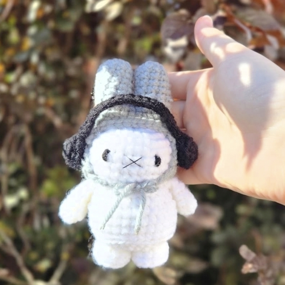 Handmade Plush Small Pet Toy - White & Gray Crochet Bunny